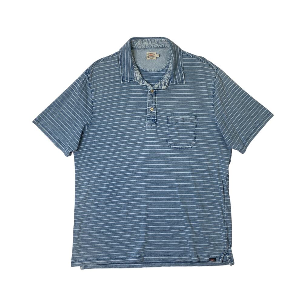 Faherty Shirt Mens Extra Large Cadet White Short Sleeve Indigo-Dyed Striped Polo